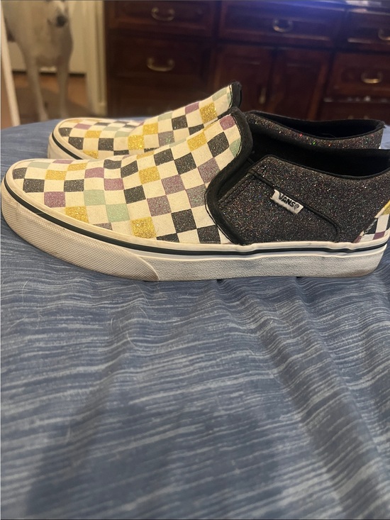Vans Shoes - Women’s Slip-On Checkerboard Glitter Sneakers - Black, Gold, Purple, Green